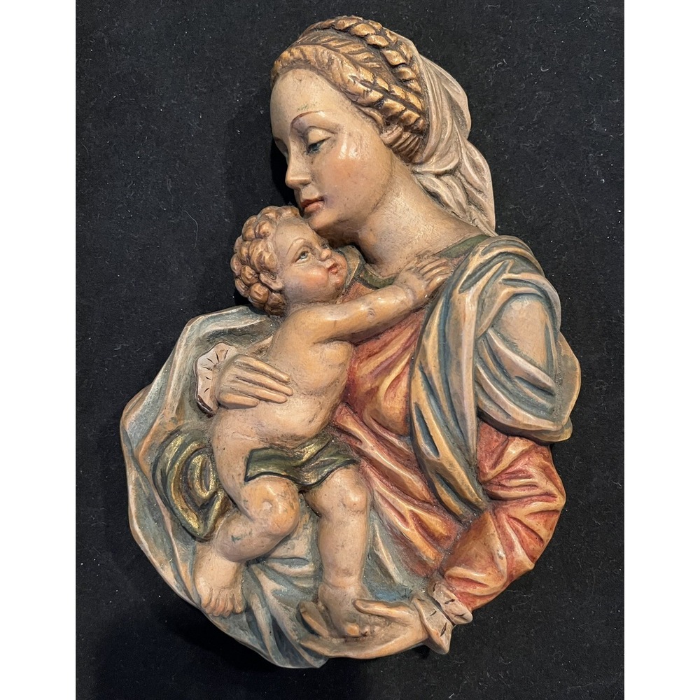VTG Mary & Jesus/Mother & Child Hand Carved Solid Wood Wall Art Italy 1950's